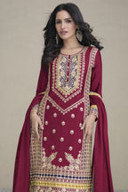Maroon Chinon Silk Palazzo Suit For Indian Weddings & Pakitani Festival - Embroidery Work - close-up view