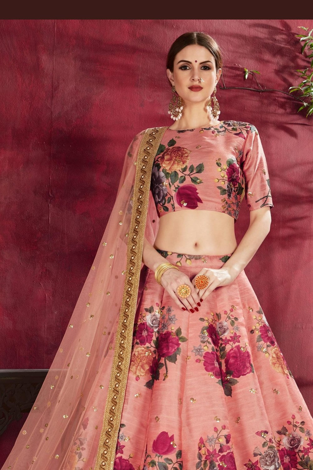 Peach Banglori Silk Flower Lehenga Choli For Indian & Pakistani Wedding Festival - Sequins Embroidery Work, Dori Work, Zari Work, Print Work - close-up view