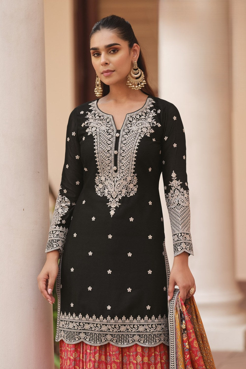 Black Palazzo for Women in Chinon Silk with Print & Embroidery - close-up view