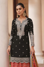 Black Palazzo for Women in Chinon Silk with Print & Embroidery - close-up view