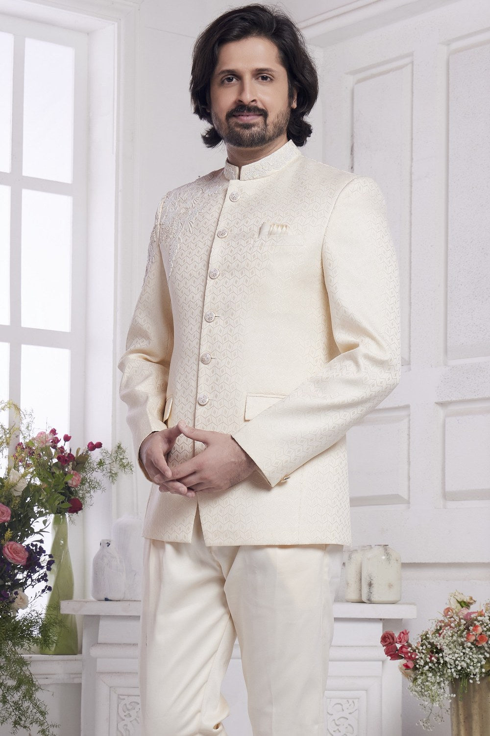 Cream Jacquard Silk Traditional Jodhpuri Suits with Pant for Men for Wedding - Embroidery Work - close-up view