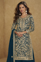 Embroidered Suit for Womens | Teal Georgette Sequin Plazo Set - close-up view