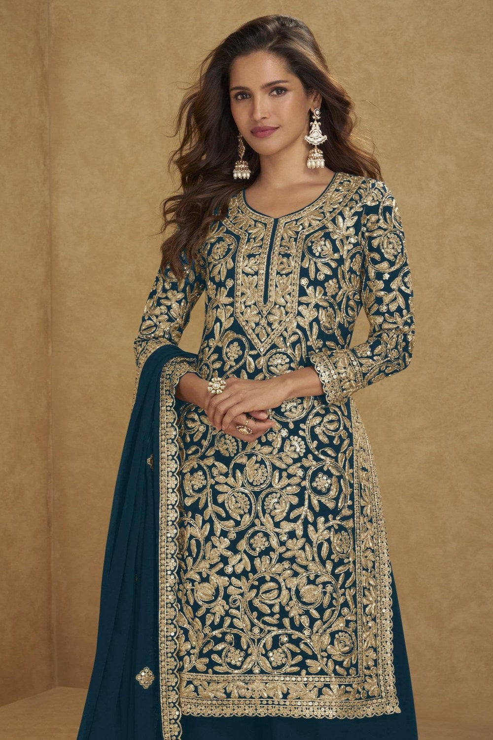 Embroidered Suit for Womens | Teal Georgette Sequin Plazo Set - close-up view