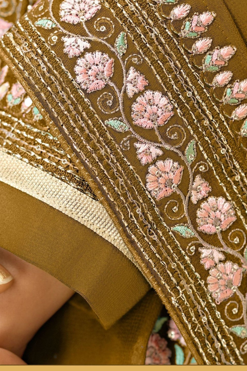 Mustard Georgette Plazo For Indian Festivals & Weddings - Thread Embroidery Work, Swarovski Work - hem and footwear detail