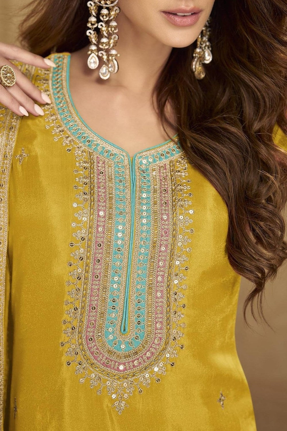 Yellow Simmer Silk Kameez With Pant For Indian & Pakistani Wedding Festival - Sequins & Thread Embroidery Work - hem and footwear detail
