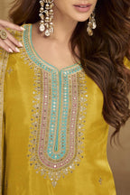 Yellow Simmer Silk Kameez With Pant For Indian & Pakistani Wedding Festival - Sequins & Thread Embroidery Work - hem and footwear detail