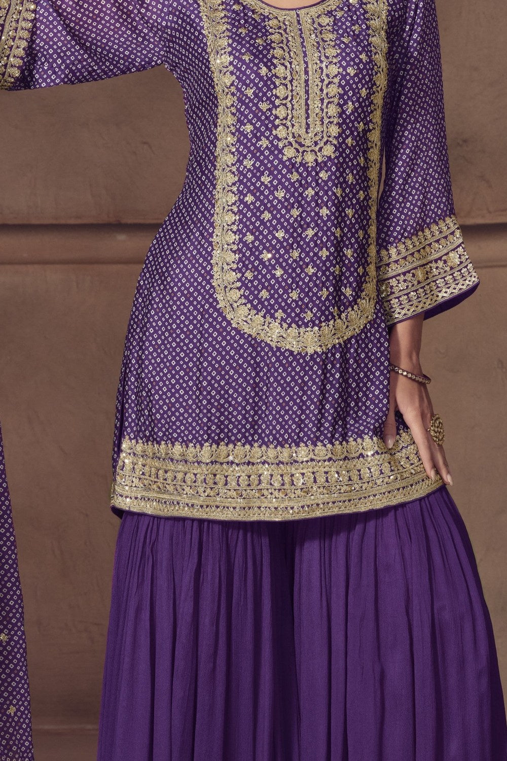 Purple Chinon Silk Sharara Suit For Indian & Pakistani Wedding Festival - Print Work, Thread & Sequins Embroider Work - detail view