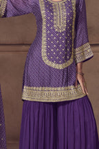 Purple Chinon Silk Sharara Suit For Indian & Pakistani Wedding Festival - Print Work, Thread & Sequins Embroider Work - detail view
