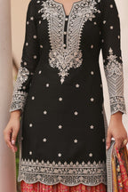 Black Palazzo for Women in Chinon Silk with Print & Embroidery - hem and footwear detail