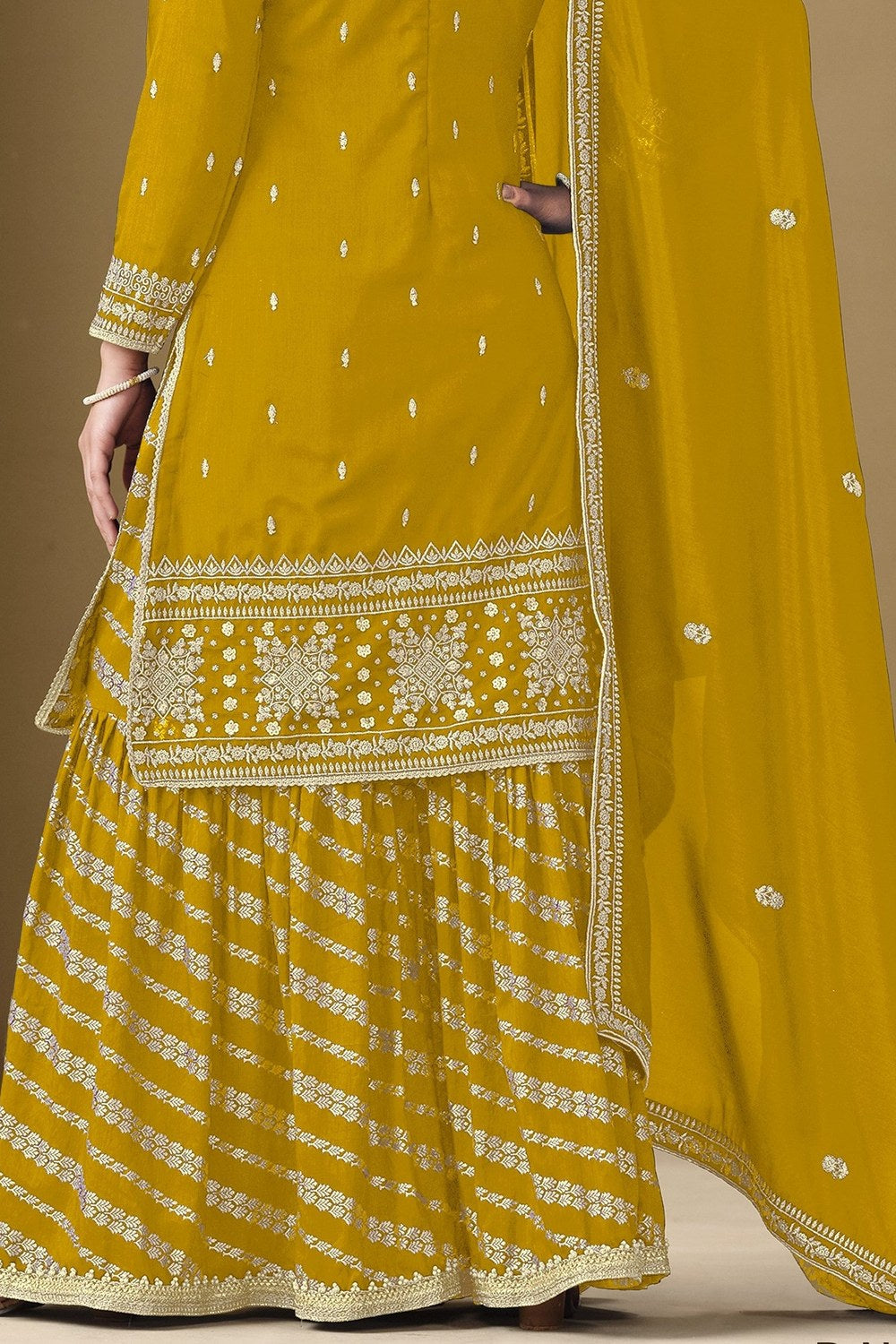 Dark Yellow Art Silk Sharara Suit Pakistani for Wedding Haldi Ceremony - Embroidery Work - hem and footwear detail