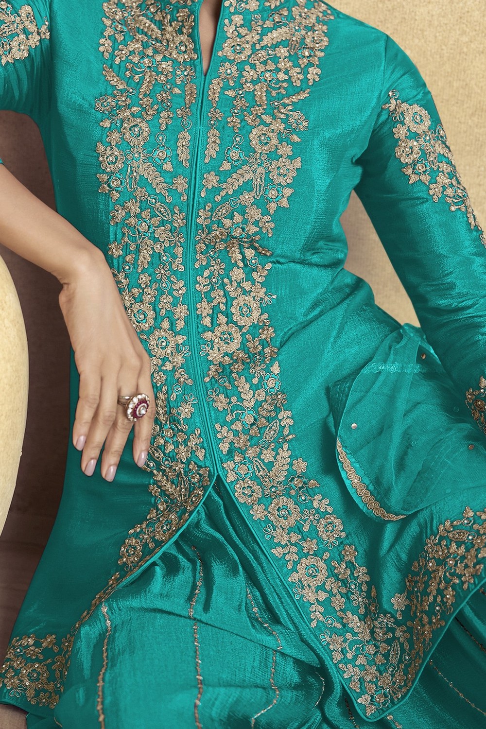 Cyan Chinon Silk Plazo Suit For Indian Weddings & Pakistani Festival - Embroidery Work - hem and footwear detail