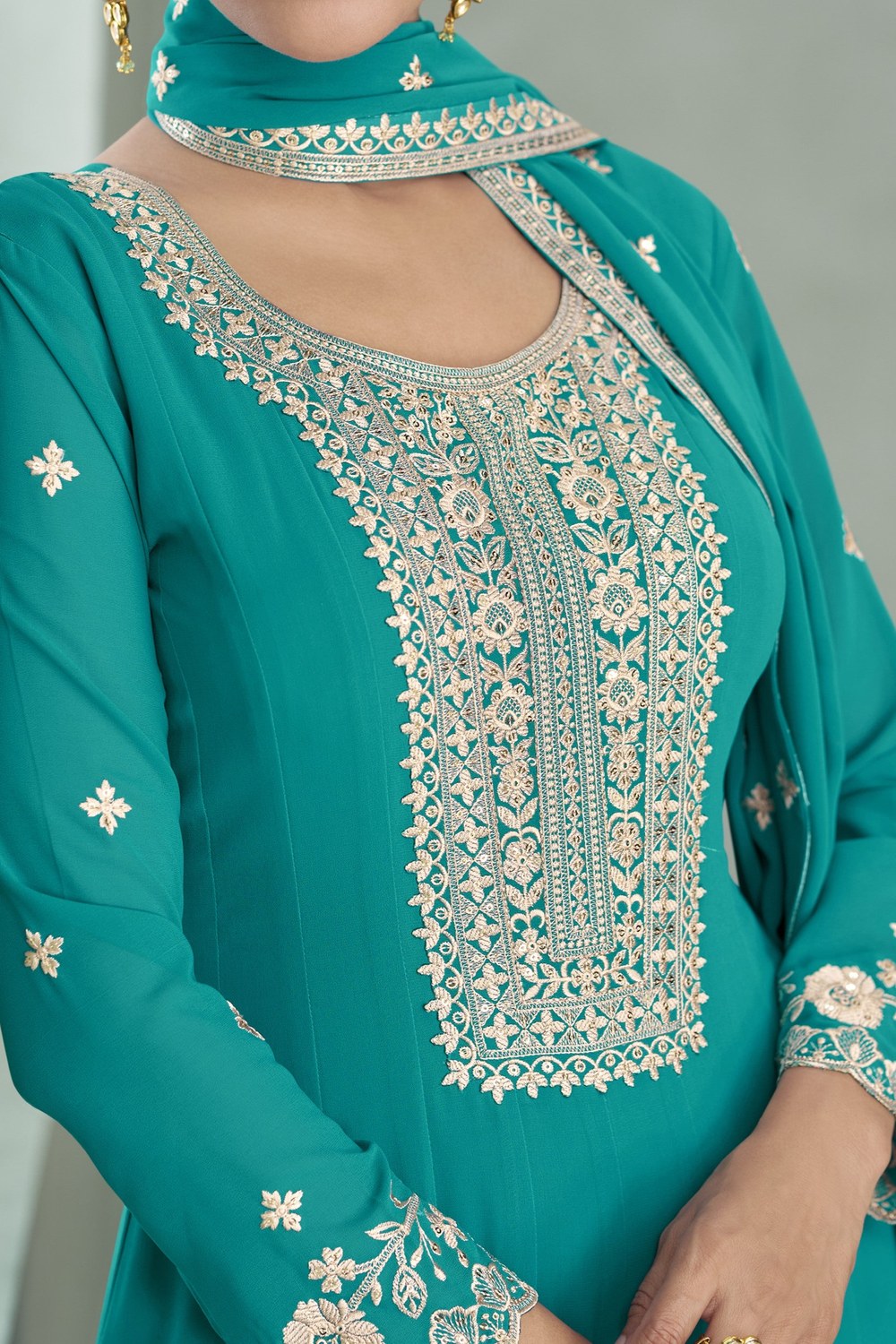Teal Georgette Anarkali Suit For Indian & Pakistani Wedding Festival - Embroidery Work - hem and footwear detail