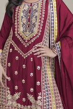Maroon Chinon Silk Palazzo Suit For Indian Weddings & Pakitani Festival - Embroidery Work - hem and footwear detail