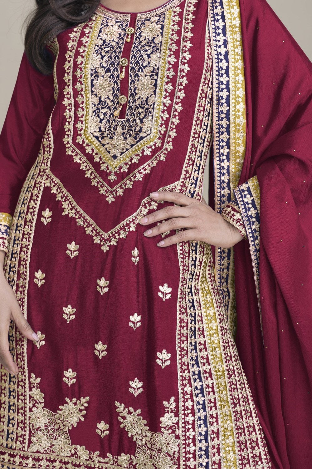 Maroon Chinon Silk Palazzo Suit For Indian Weddings & Pakitani Festival - Embroidery Work - hem and footwear detail