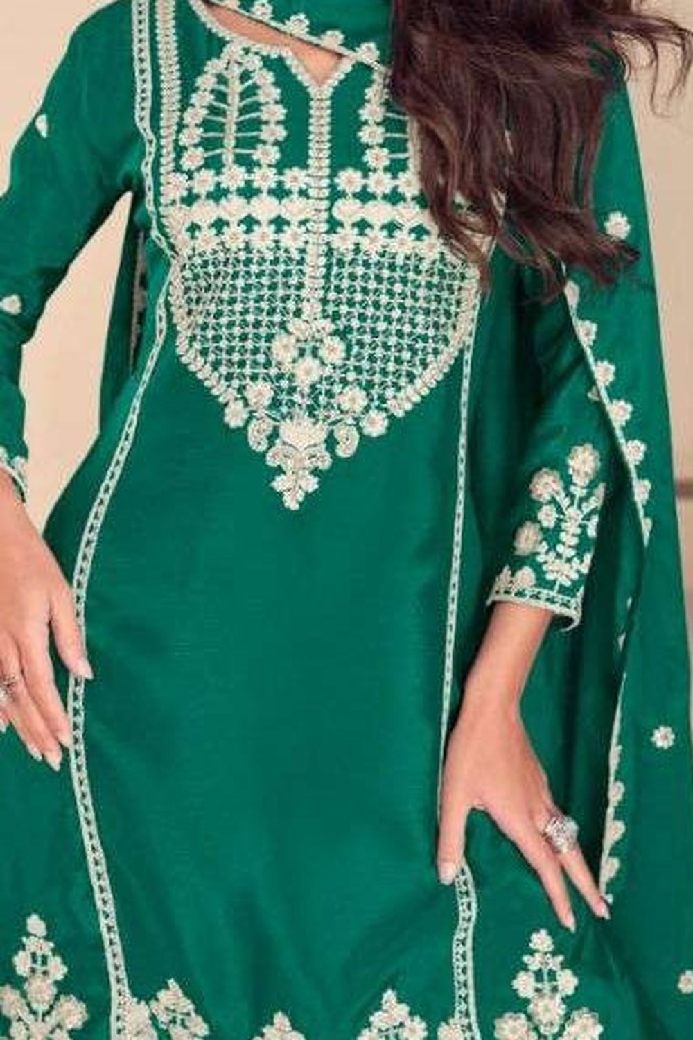 Emerald Green Chinon Silk Sharara Suit For Indian & Pakistani Wedding Festival - Embroidery Work, Khatli Work - hem and footwear detail