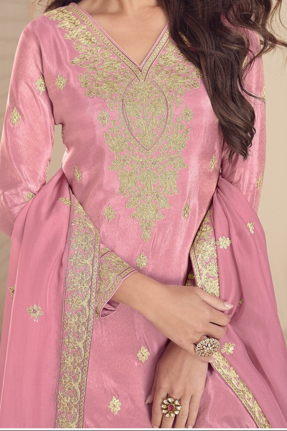 Baby Pink Simmer Silk Palazzo Suits for Women with Embroidery - hem and footwear detail