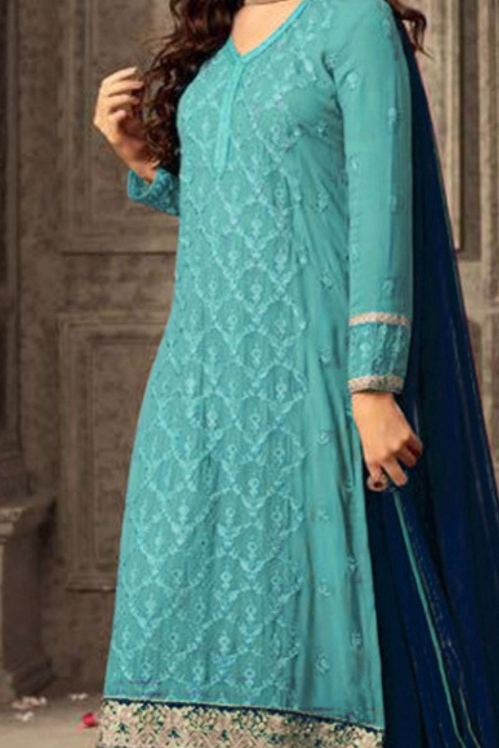 Turquoise Georgette Plazo Suit For Ladies Wedding & Festival - Embroidery Work 1250 - detail view