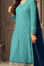 Turquoise Georgette Plazo Suit For Ladies Wedding & Festival - Embroidery Work 1250 - detail view
