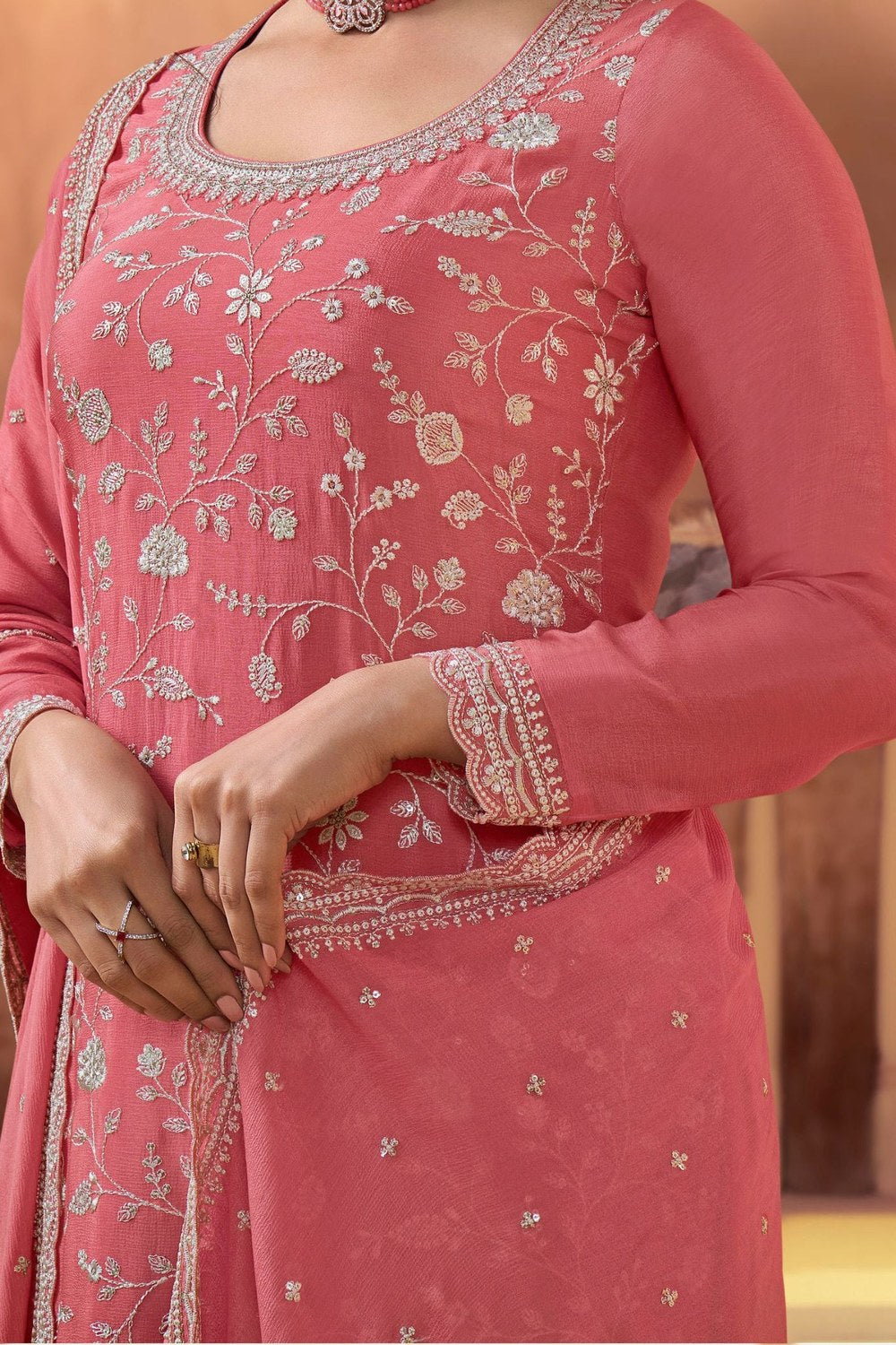 Coral Chinon Silk Palazzo Suit For Indian Festivals & Pakistani Plazo Wedding Dress - Embroidery Work - hem and footwear detail