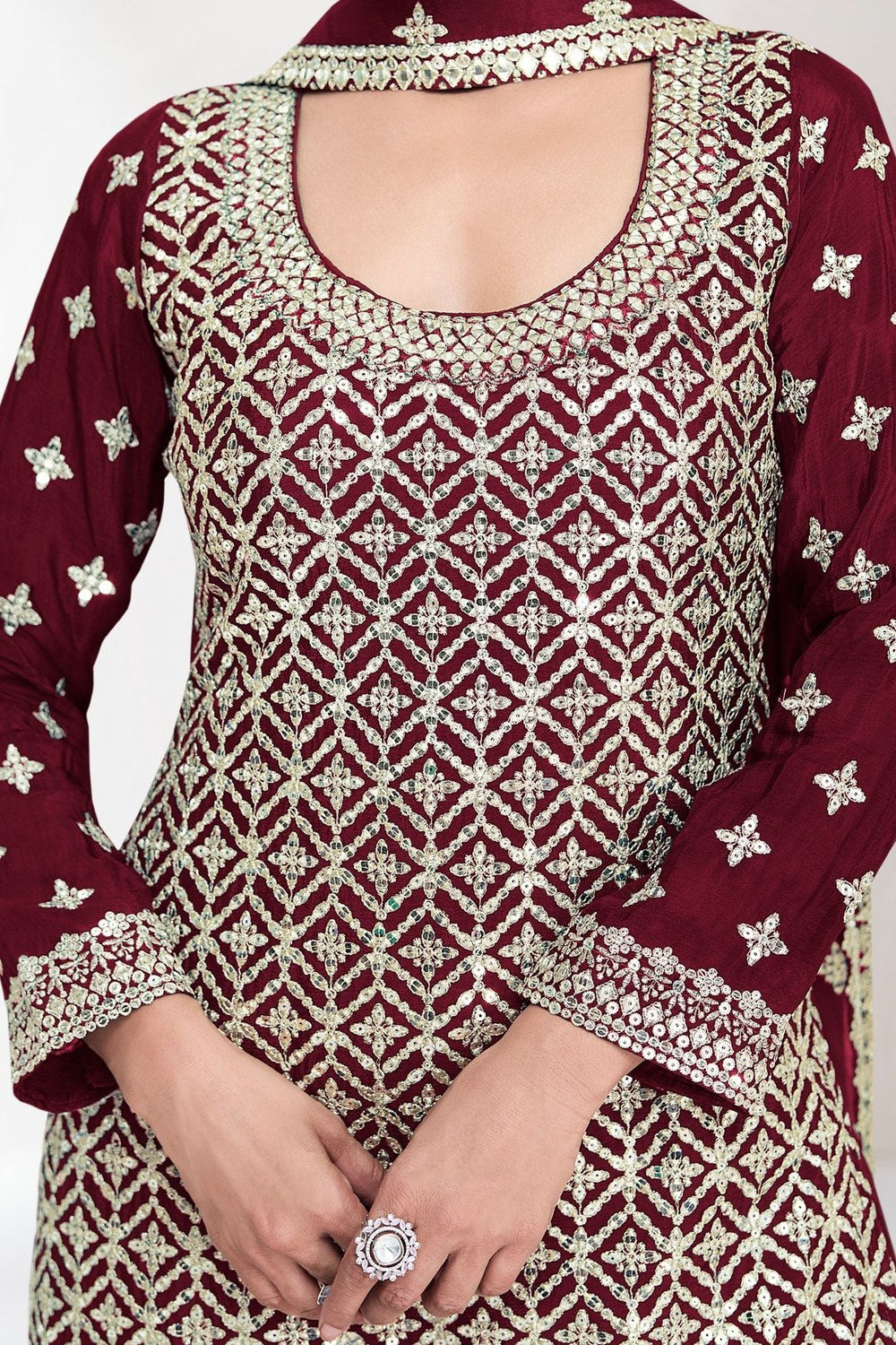 Maroon Chinon Silk Plazo Suit Dress For Indian Wedding & Festival - Embroidery Work - hem and footwear detail