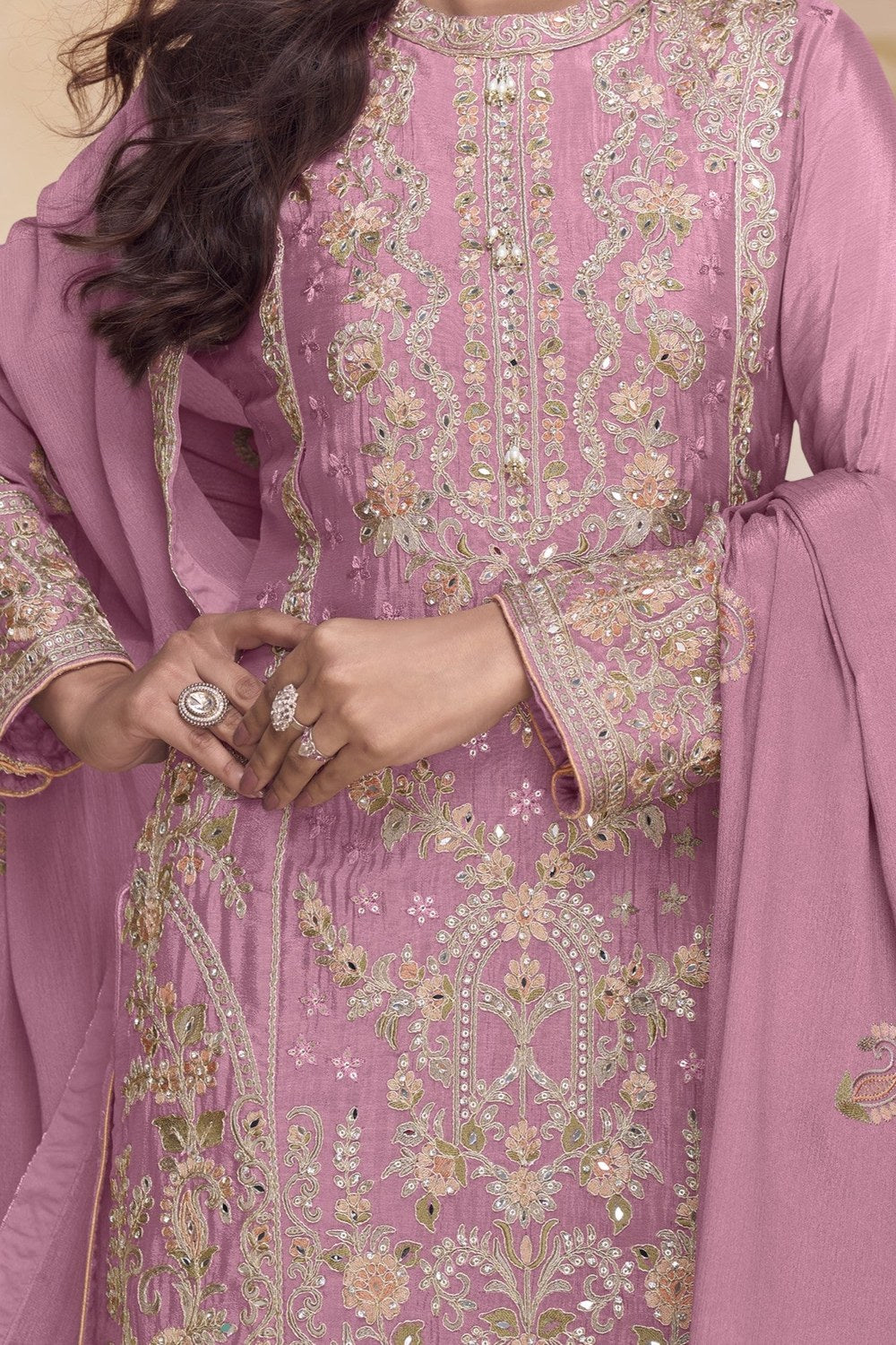 Festival Wear Dark Pink Chinon Silk Kameez with Palazo in Embroidery & Mirror Work - hem and footwear detail