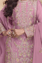 Festival Wear Dark Pink Chinon Silk Kameez with Palazo in Embroidery & Mirror Work - hem and footwear detail