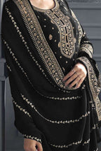 Black Jacquard Silk Kameez With Pant For Wedding & Festival - Embroidery Work - hem and footwear detail