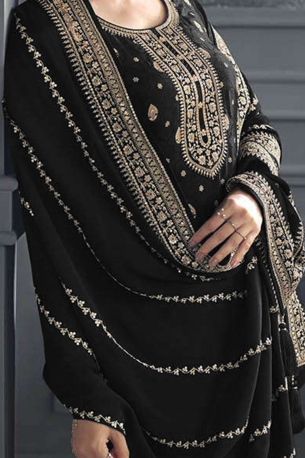 Black Jacquard Silk Kameez With Pant For Wedding & Festival - Embroidery Work - hem and footwear detail