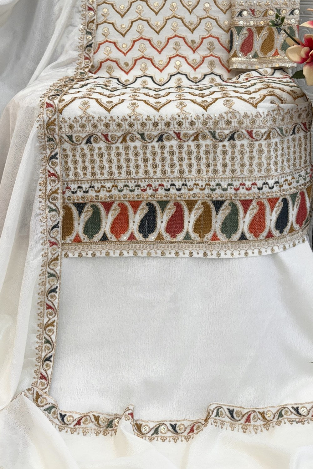 White Chinon Silk Kameez With Palazzo Suit For Indian & Pakistani Wedding Festival - Thread & Sequence Embroidery - hem and footwear detail