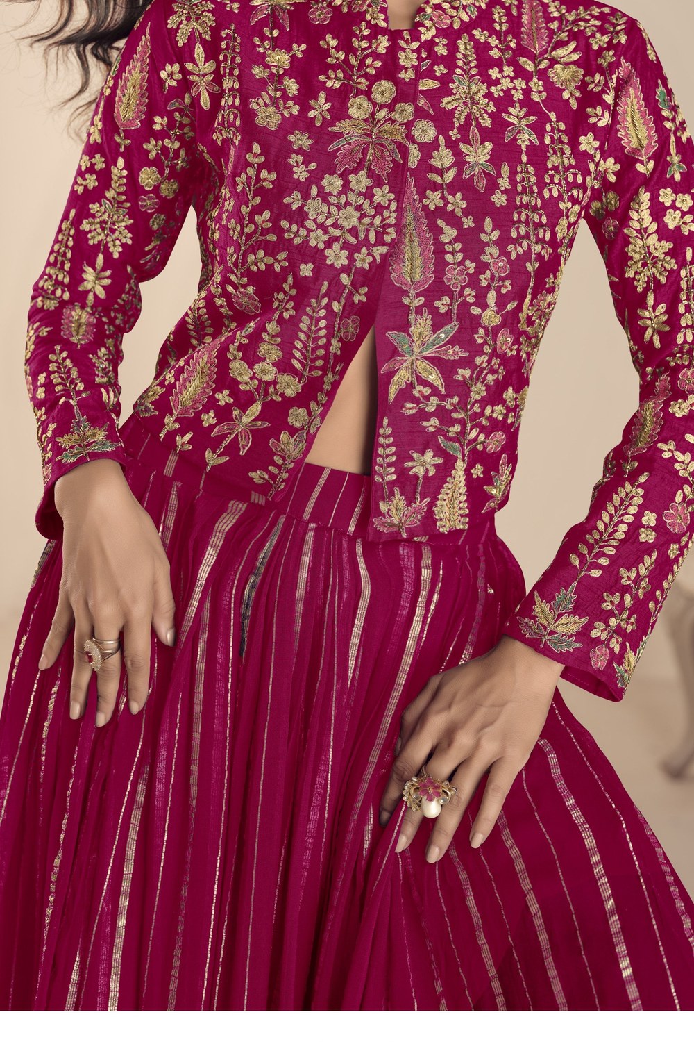 Maroon Vichitra Silk Long Sleeves Lehenga with Sequins Embroidery - hem and footwear detail
