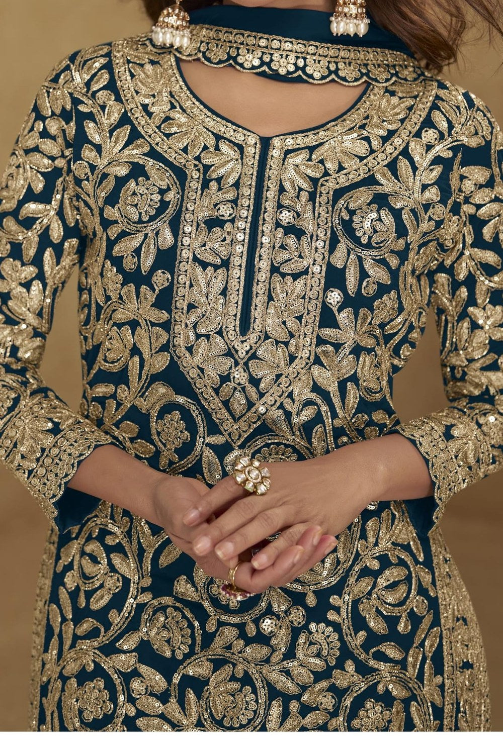 Embroidered Suit for Womens | Teal Georgette Sequin Plazo Set - hem and footwear detail