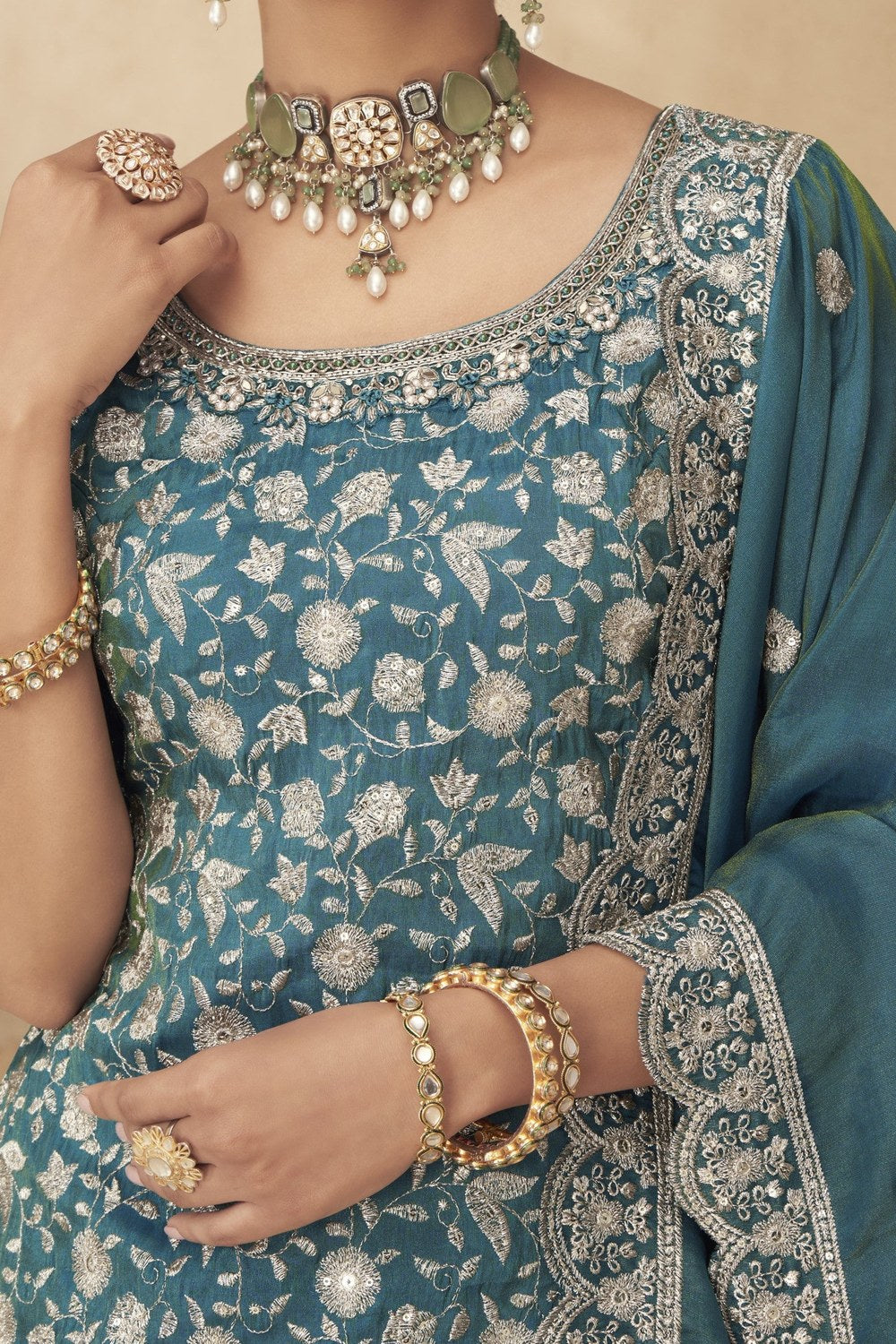 Teal Simmer Silk Kameez With Palazzo Suit For Indian & Pakistani Wedding Festival - Thread & Sequence Embroidery - hem and footwear detail