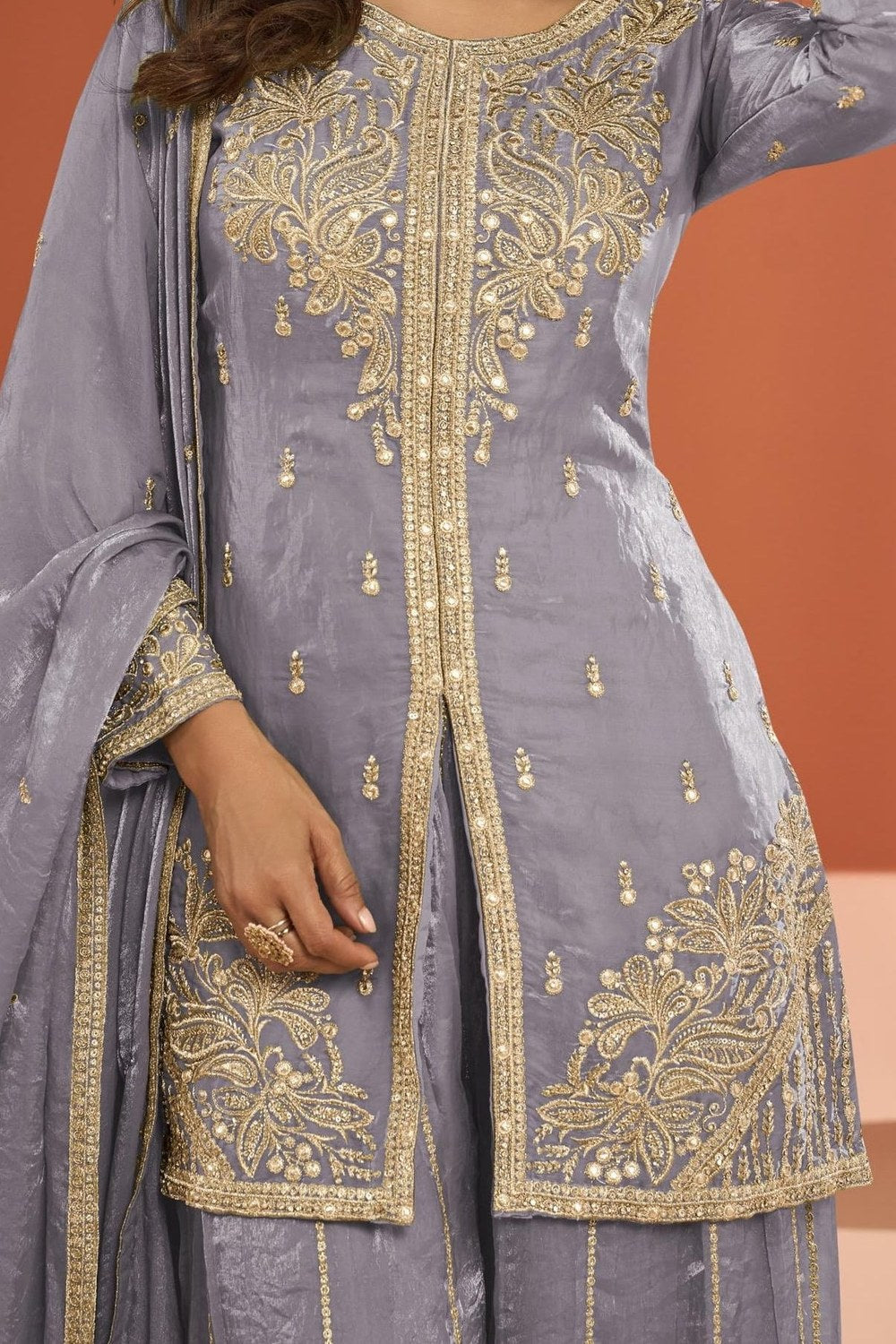 Gray Lavender Fandy Silk Plazo Suit For Indian & Pakistani Wedding Festival - Thread Embroidery Work - hem and footwear detail