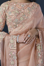Dusty Rose Glace Tissue Silk Saree With Stitched Blouse For Indian & Pakistani Wedding Festival - Sequence Embroidery Work, Moti Work - hem and footwear detail