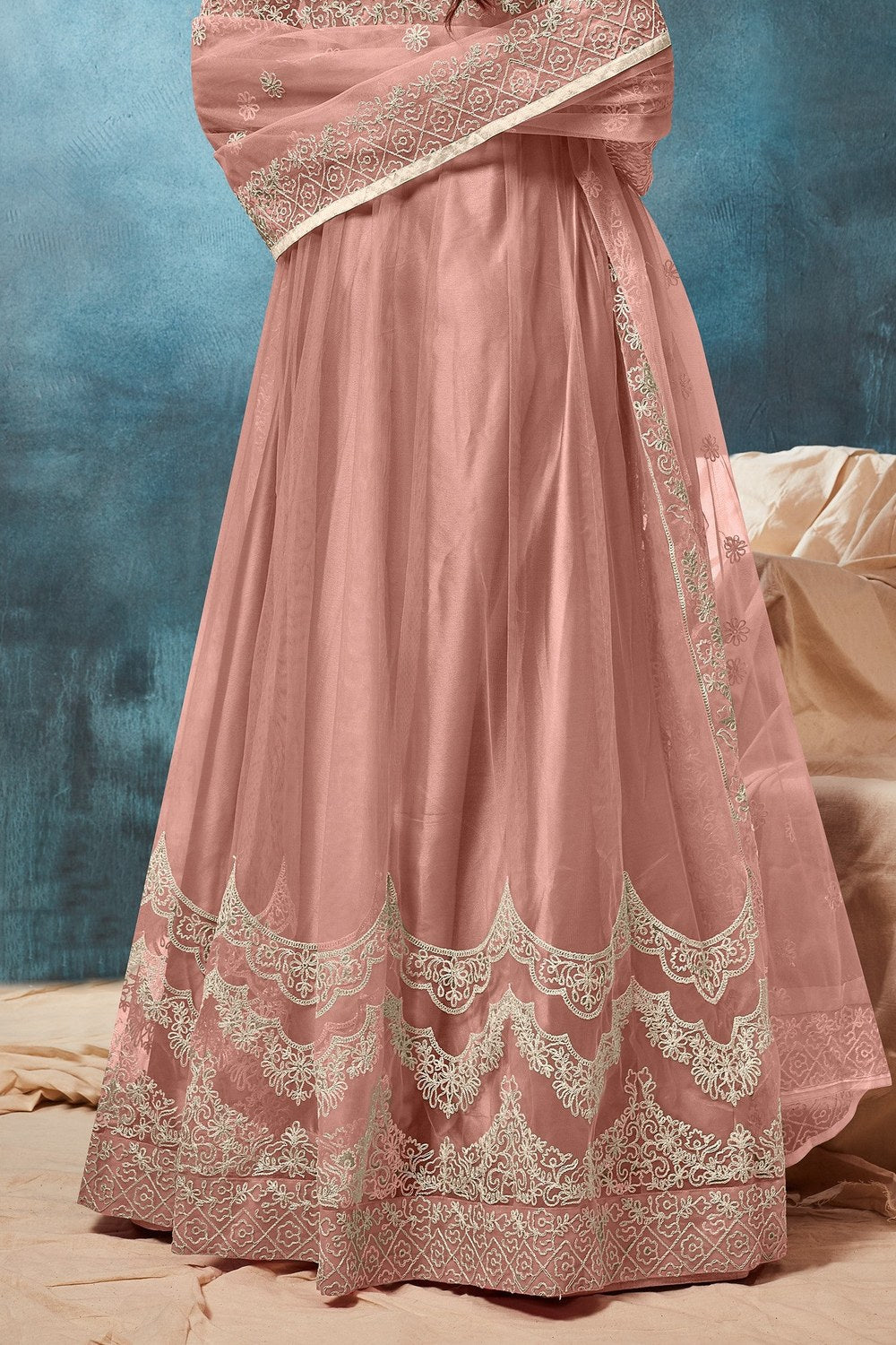 Rose Net Anarkali with Dori Embroidery Indian Dresses for Women - hem and footwear detail
