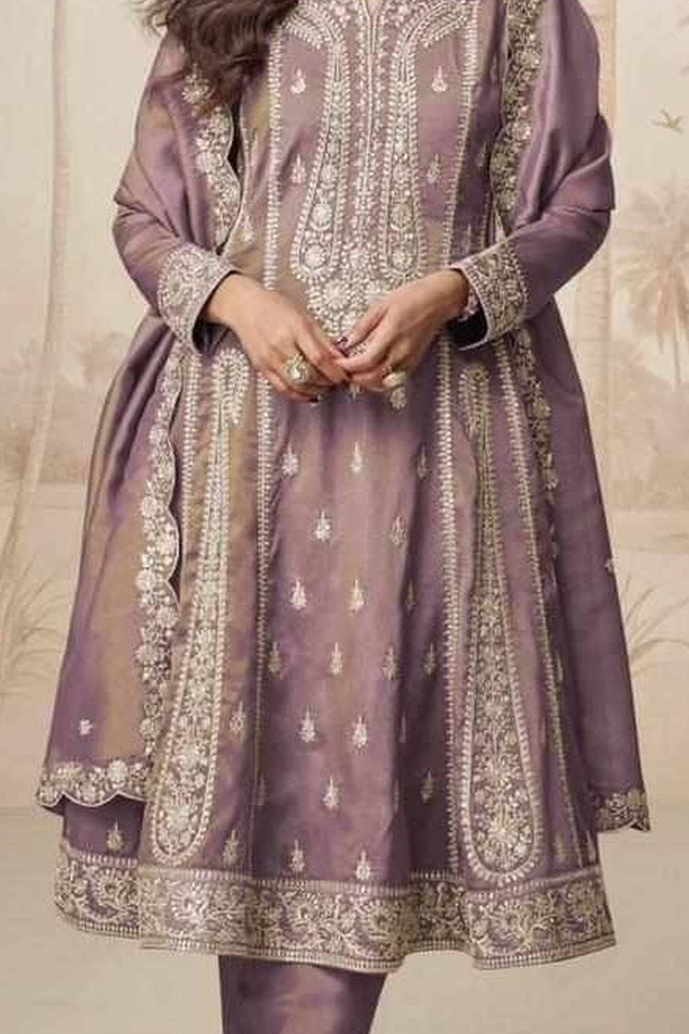 Mauve Purple Simmer Silk Kameez With Pant For Indian & Pakistani Wedding Festival - Embroidery Work - detail view