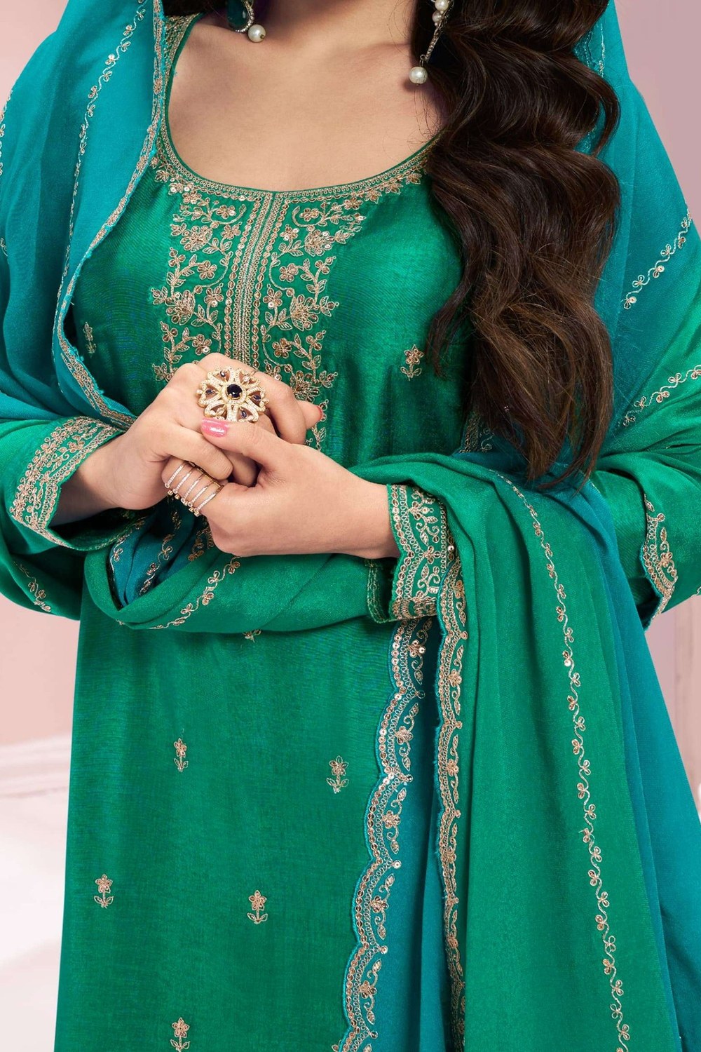 Green Silk Georgette Plazo Suit for Indian Wedding Guest Dresses Mehndi - Embroidery Work RTS - hem and footwear detail