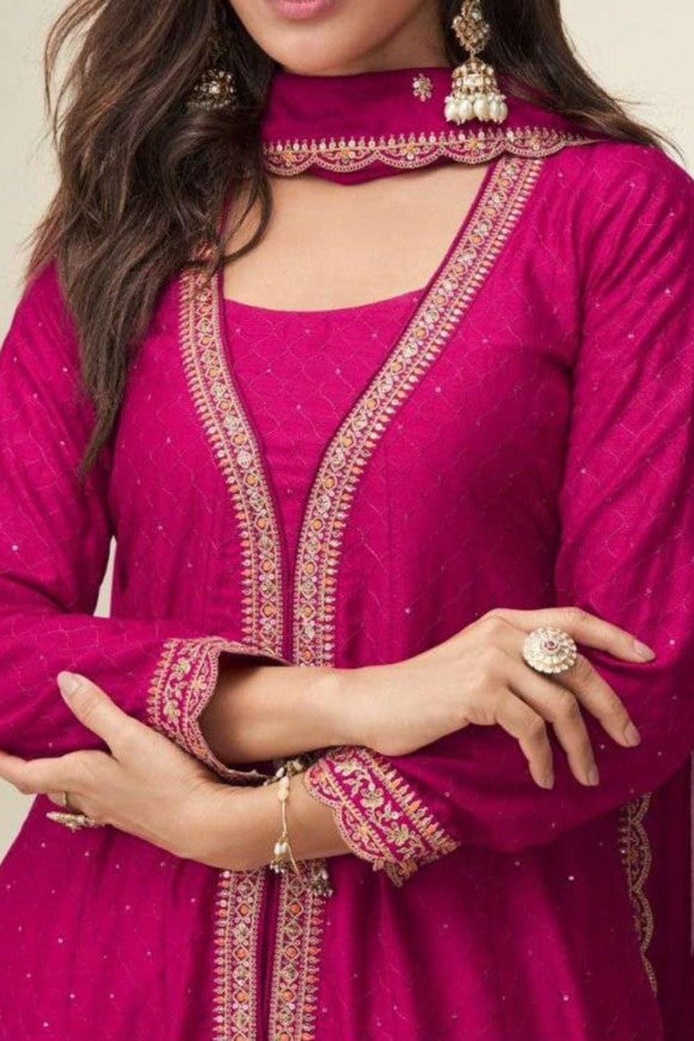 Pink Chinon Silk Designer Anarkali Suits with Thread & Sequins Embroidery - hem and footwear detail