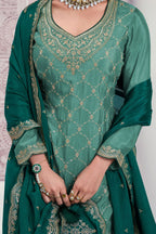 Green Chinon Silk Pakistani Mehndi Outfit for Marriage - Thread & Sequence Embroidery Work - hem and footwear detail