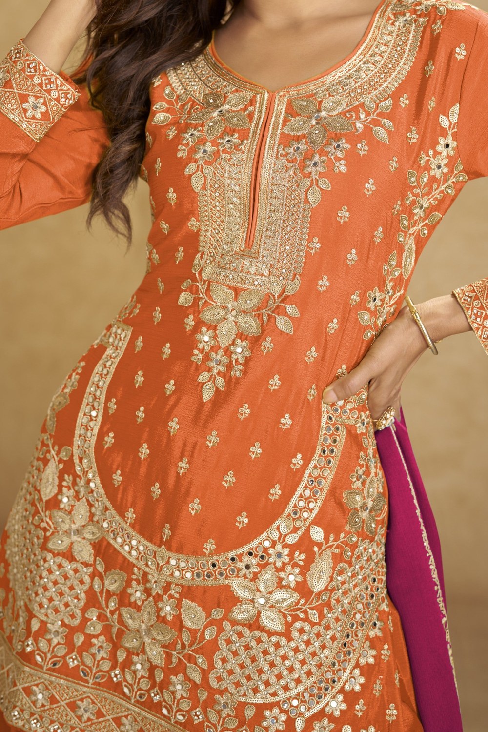 Orange Chinon Silk Plazo Suit For Indian & Pakistani Wedding Festival - Thread Embroidery Work - hem and footwear detail