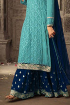 Turquoise Georgette Plazo Suit For Ladies Wedding & Festival - Embroidery Work 1250 - hem and footwear detail