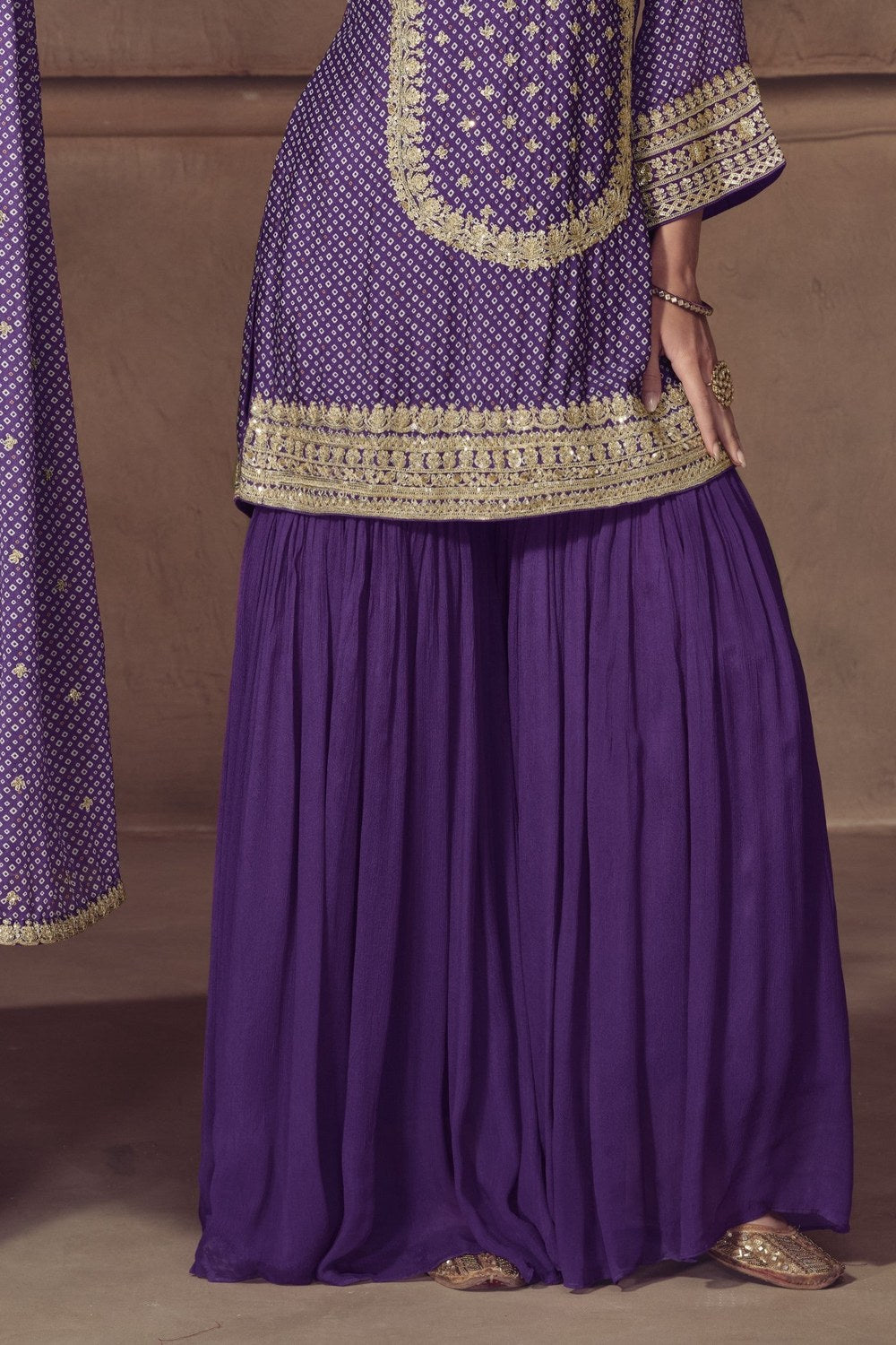 Purple Chinon Silk Sharara Suit For Indian & Pakistani Wedding Festival - Print Work, Thread & Sequins Embroider Work - hem and footwear detail
