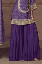 Purple Chinon Silk Sharara Suit For Indian & Pakistani Wedding Festival - Print Work, Thread & Sequins Embroider Work - hem and footwear detail