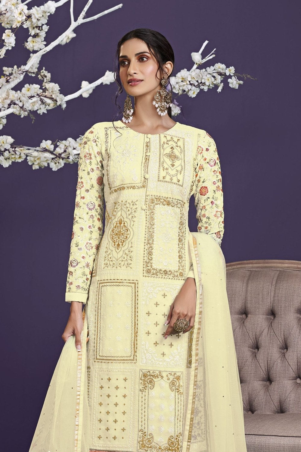 Cream Georgette Kameez With Pant For Ladies Indian Festivals & Weddings - Thread Embroidery Work, Zari Work - close-up view