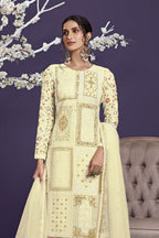 Cream Georgette Kameez With Pant For Ladies Indian Festivals & Weddings - Thread Embroidery Work, Zari Work - close-up view