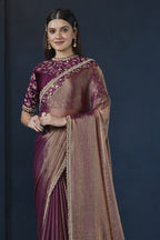 Maroon Crepe Satin Silk Saree With Stitched Blouse For Indian & Pakistani Wedding Festival - Zari Work, Hand Work, Thread Embroidery Work - close-up view
