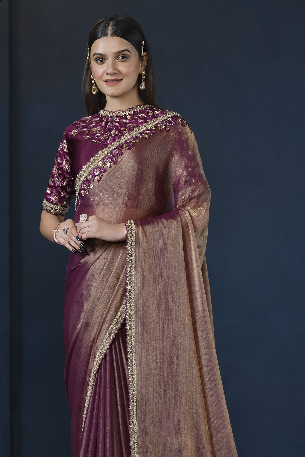 Maroon Crepe Satin Silk Saree With Stitched Blouse For Indian & Pakistani Wedding Festival - Zari Work, Hand Work, Thread Embroidery Work - close-up view
