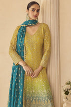 Yellow Turmeric Wedding Ceremony Plazo Outfit - Zari & Swarovski - close-up view
