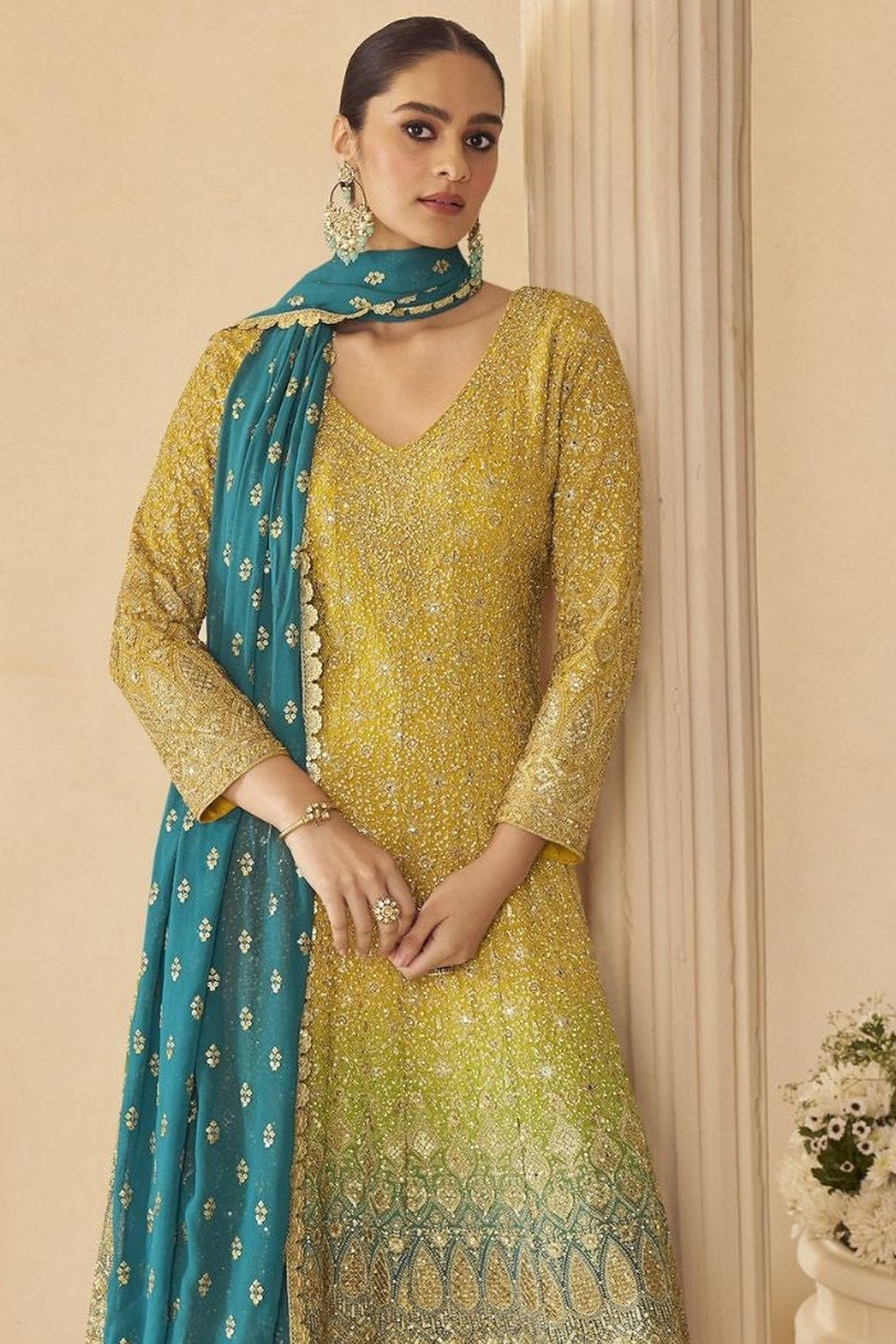 Yellow Turmeric Wedding Ceremony Plazo Outfit - Zari & Swarovski - close-up view