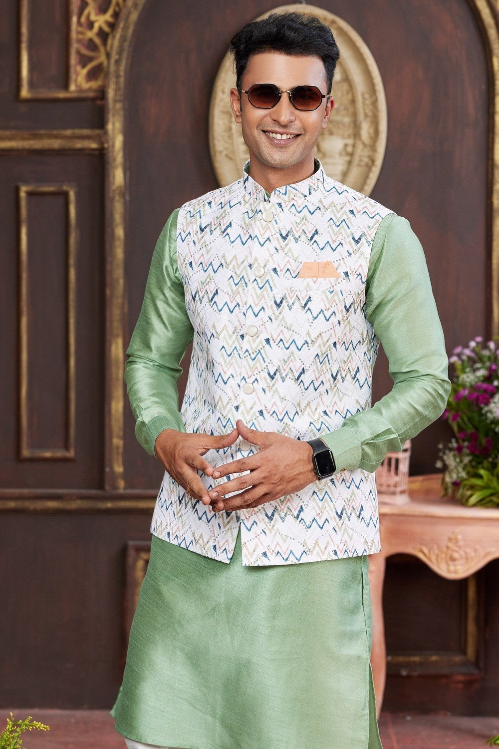 Green White Art Silk Kurta Pajama with Waistcoat Jacket for Men for Festivals - Print Work - close-up view